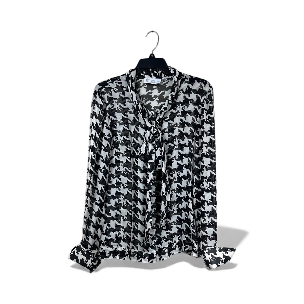 Adrienne Winkelmann Tie-Neck Houndstooth Office Blouse Size 12 Black/Ivory